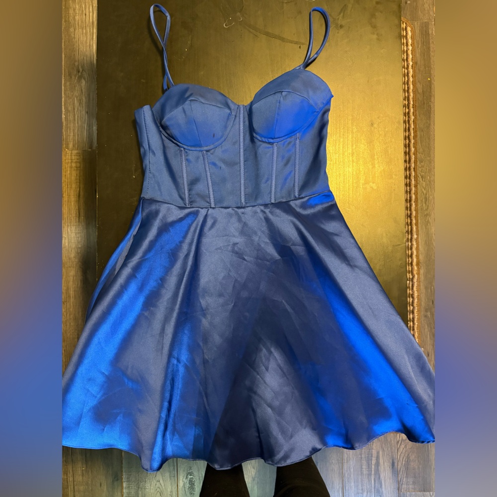 B. Smart Blue Fit and Flare Pleated Dress
